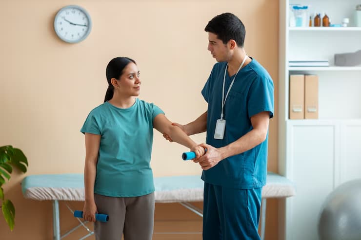 Healthcare worker helping patient